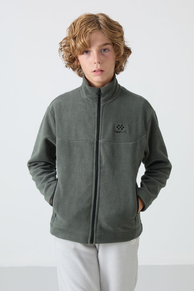 Haki Dik Yaka Polar Çocuk Sweatshirt