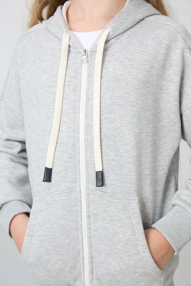 Gri Kız Çocuk Kapüşonlu Sweatshirt
