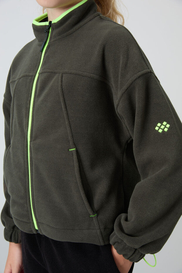 Haki Renk Fermuarlı Kız Çocuk Sweatshirt