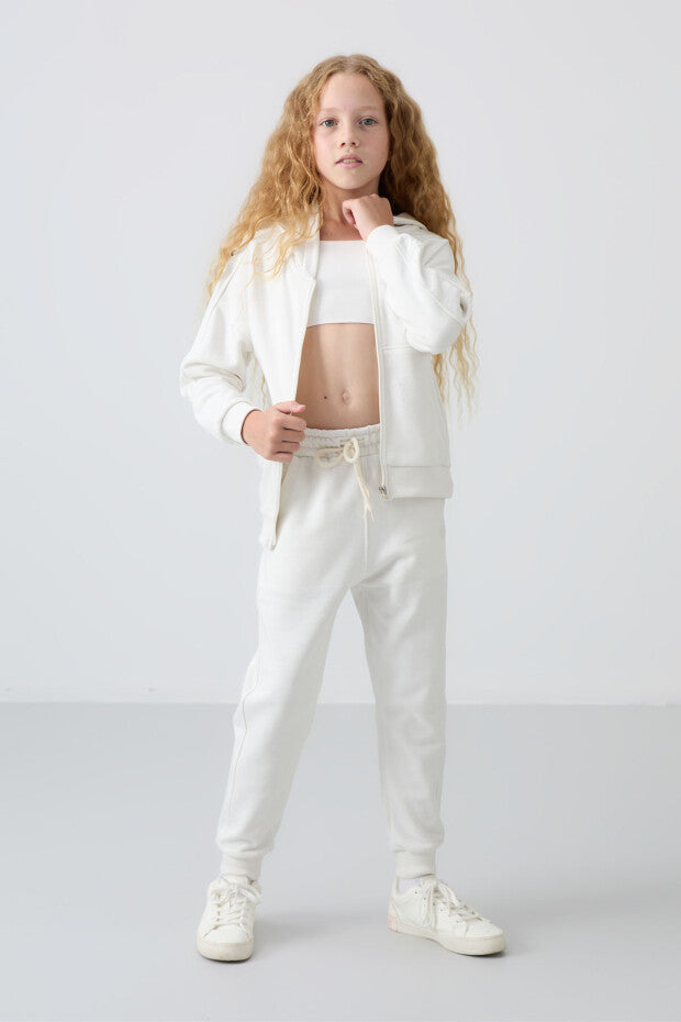 Ekru Kız Çocuk Fermuarlı Eşofman Takımı
