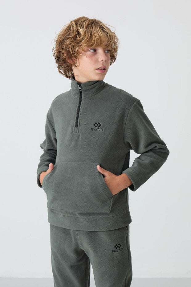 Haki Dik Yaka Polar Erkek Çocuk Eşofman Takımı