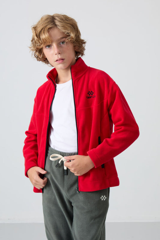 Kırmızı Polar Dik Yaka Fermuarlı Sweatshirt