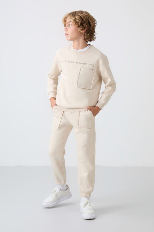 Bej Pamuklu Eşofman Takımı Erkek Çocuk