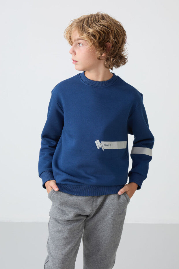 Lacivert İçi Pamuklu Gri Şeritli Erkek Çocuk Sweatshirt