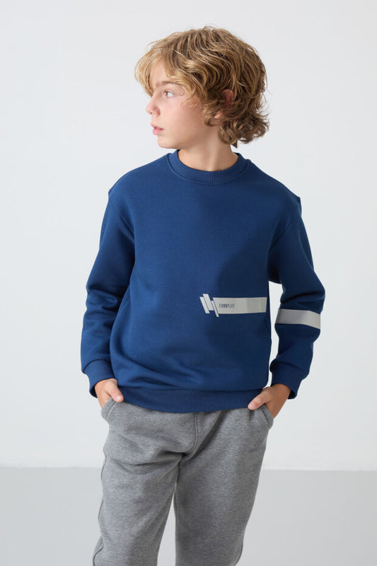 Lacivert İçi Pamuklu Gri Şeritli Erkek Çocuk Sweatshirt