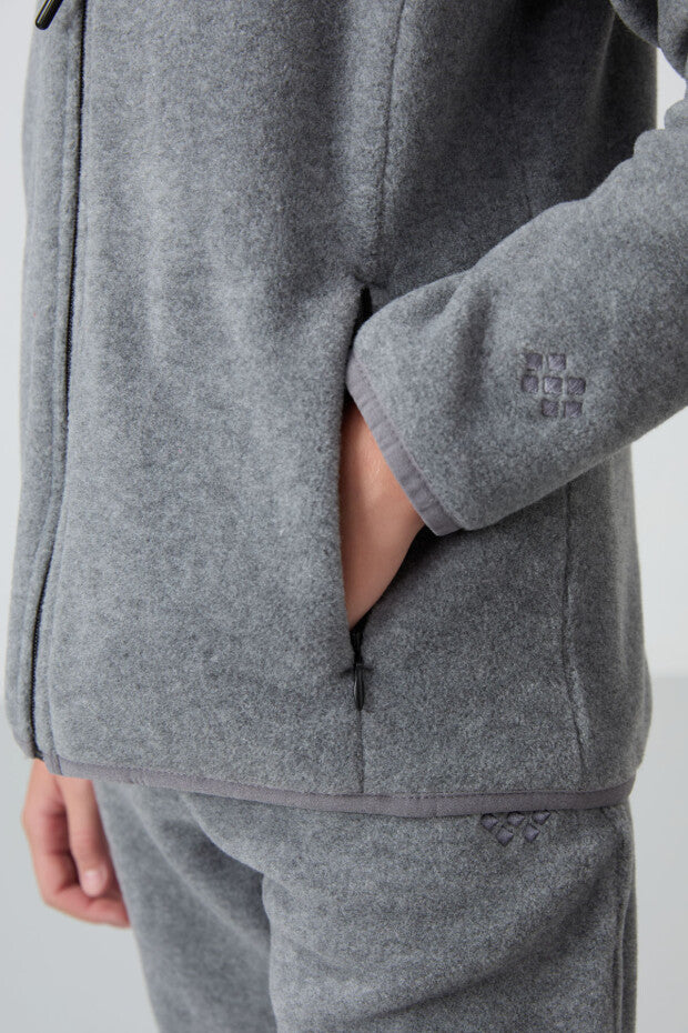 Gri Tam Fermuarlı Polar Kız Çocuk Sweatshirt