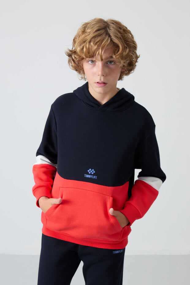 Lacivert Nar Çiçeği Renginde Kapüşonlu Erkek Çocuk Eşofman Takım