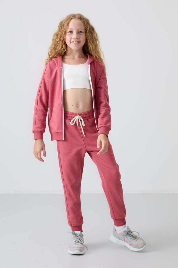 Gül kurusu Kapüşonlu Kız Çocuk Eşofman Takımı