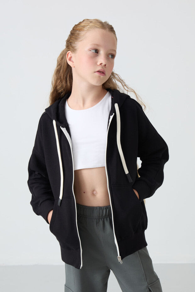 Tam boy Fermuarlı Kız Çocuk Sweatshirt Siyah