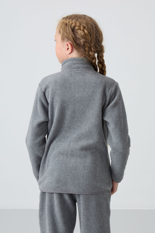 Gri Tam Fermuarlı Polar Kız Çocuk Sweatshirt