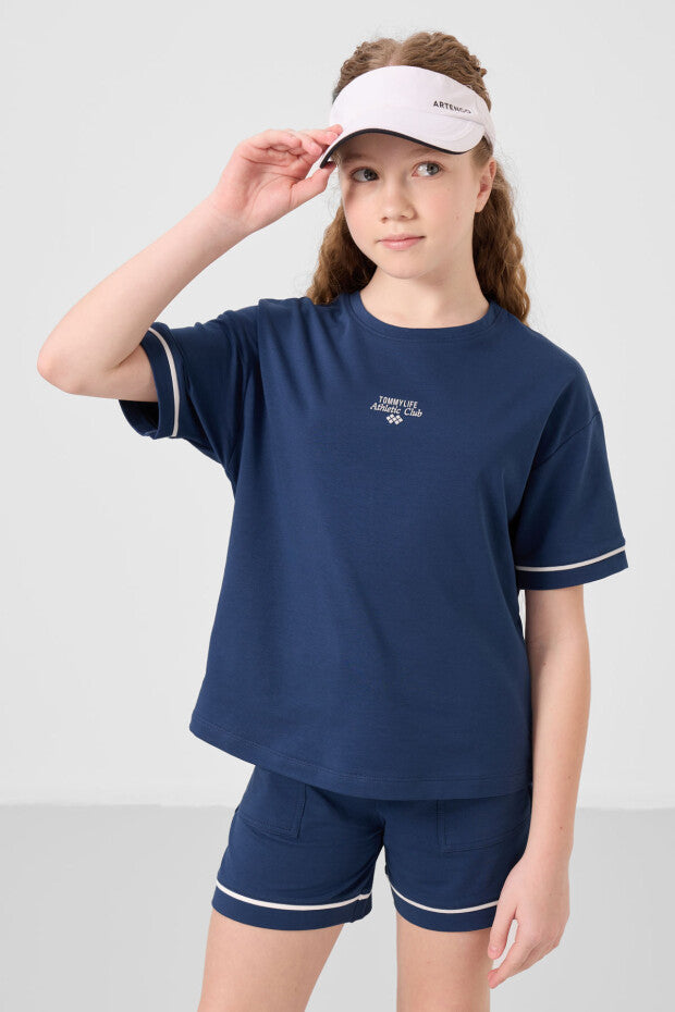 Kız Çocuk Lacivert Şortlu Takım – Yazlık %100 Pamuklu İkili Takım (7-15 Yaş)