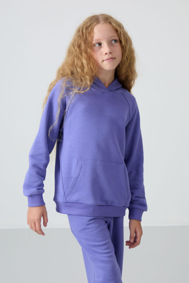 İçi Pamuklu Kapüşonlu Mor Kız Çocuk Eşofman Takımı