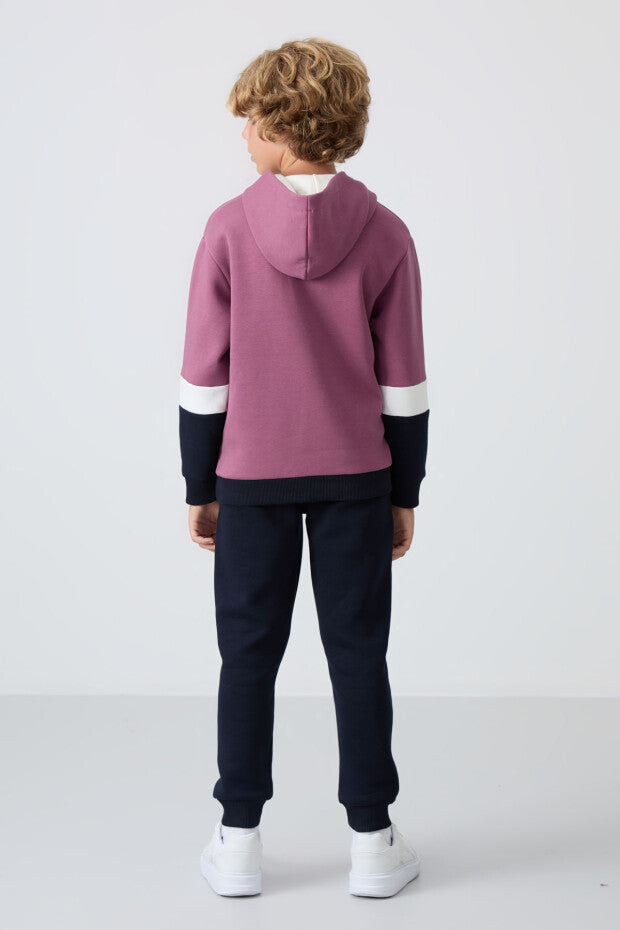 Gül Kurusu  Lacivert Kapüşonlu Ekru Geçişli Eşofman Takımı