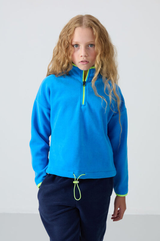 Saks Mavi Fermuarlı Kız Çocuk Sweatshirt