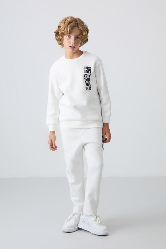 Düz Paça içi Pamuklu Eşofman Takımı Ekru