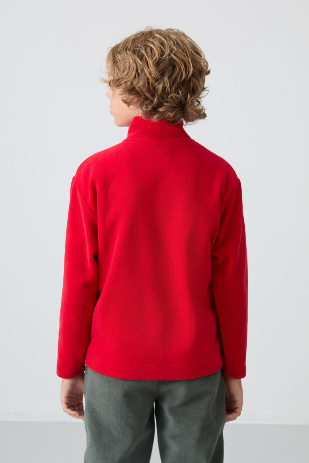 Kırmızı Polar Dik Yaka Fermuarlı Sweatshirt