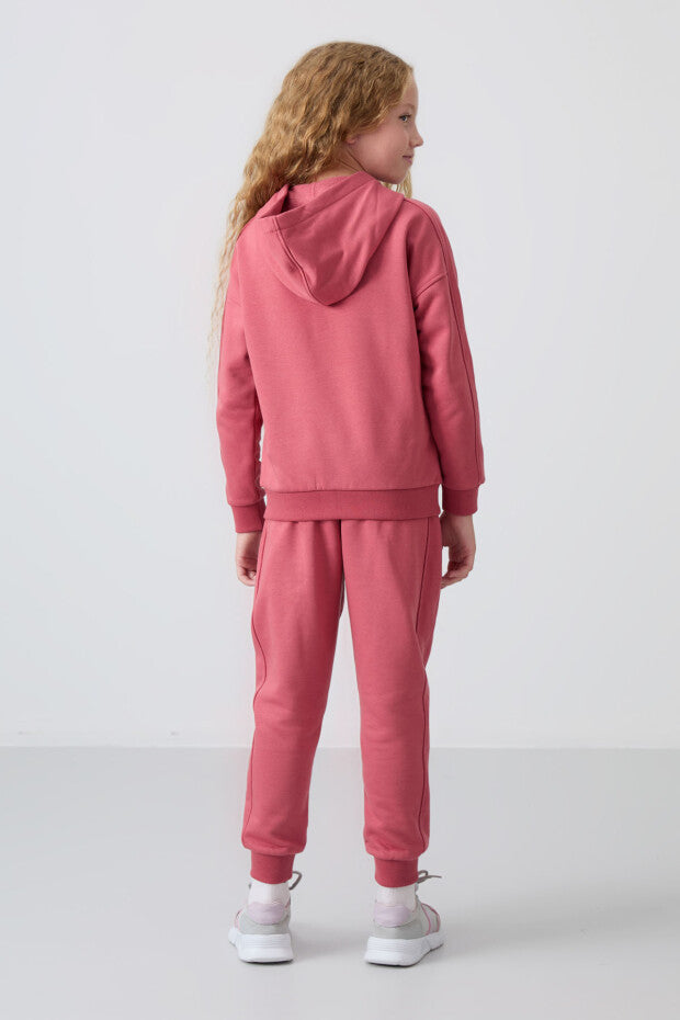 Gül kurusu Kapüşonlu Kız Çocuk Eşofman Takımı