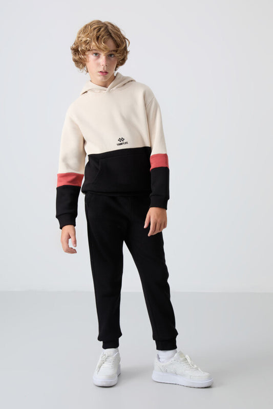 Bej Siyah Kapüşonlu Eşofman Takımı Erkek Çocuk