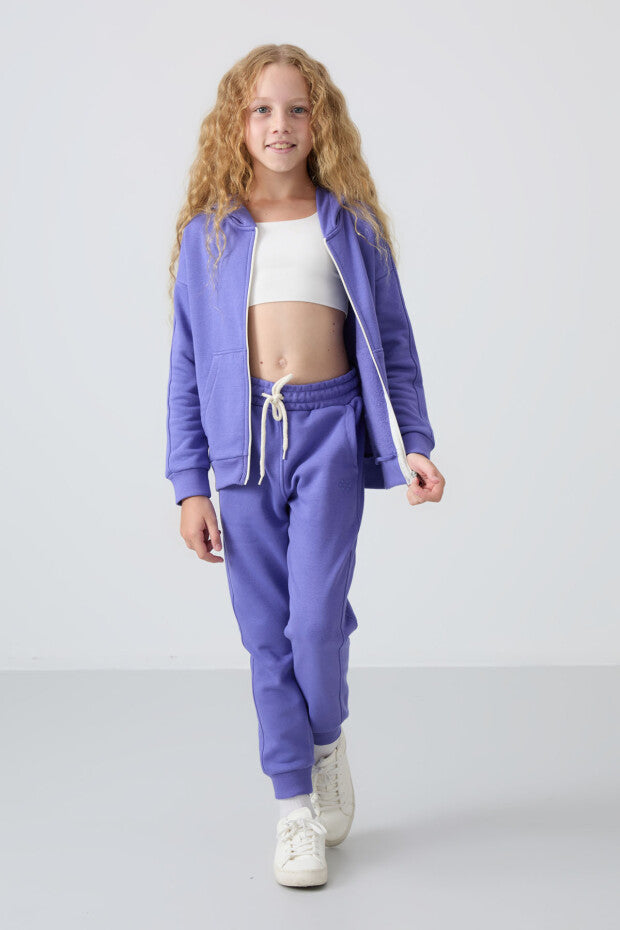 Mor Kapüşonlu Kız Çocuk Eşofman Takımı