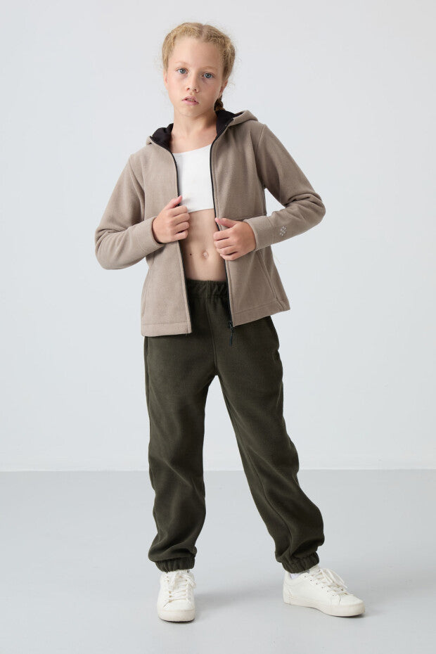 Koyu Bej Kız Çocuk Kapüşonlu Sweatshirt