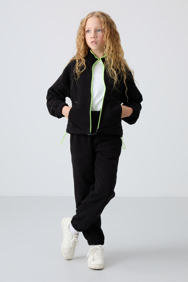 Siyah Polar Kız Çocuk Fermuarlı Sweatshirt