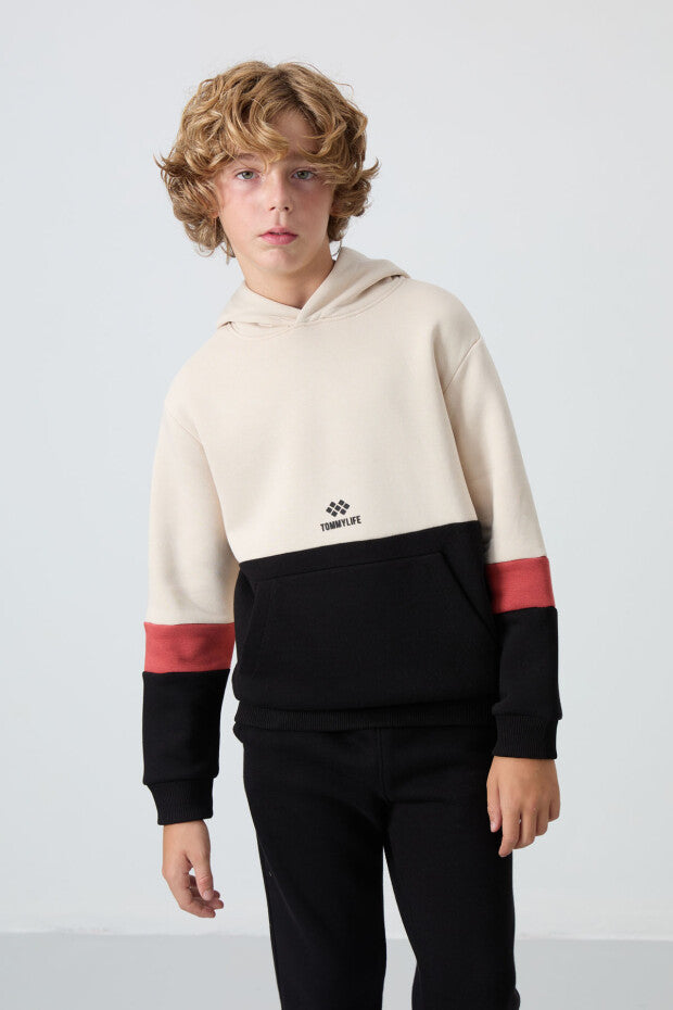 Bej Siyah Kapüşonlu Eşofman Takımı Erkek Çocuk