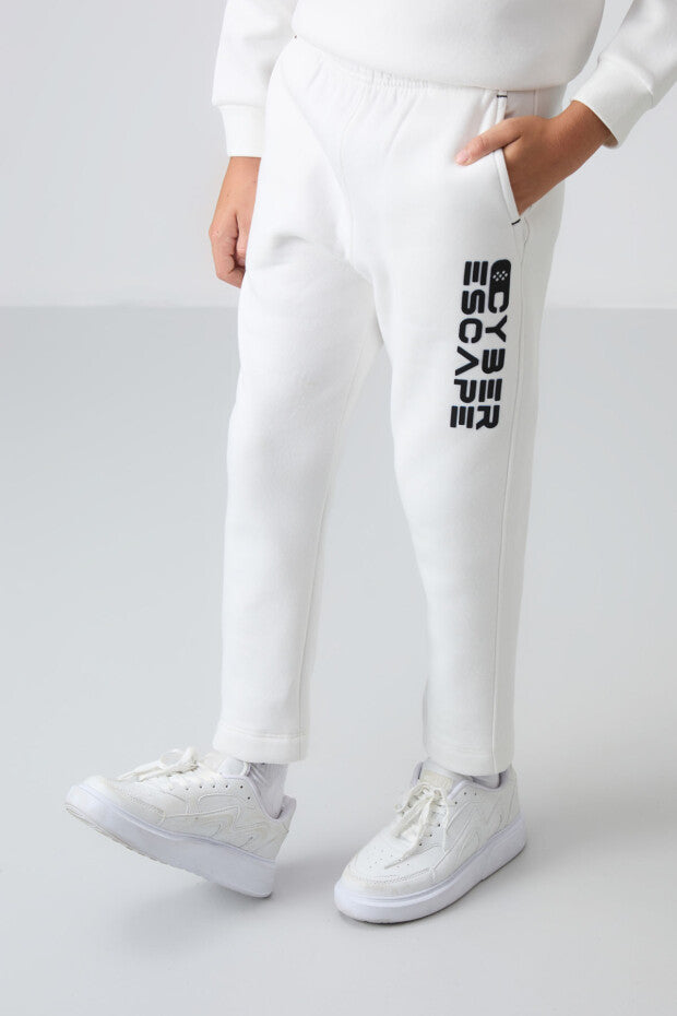 Düz Paça içi Pamuklu Eşofman Takımı Ekru