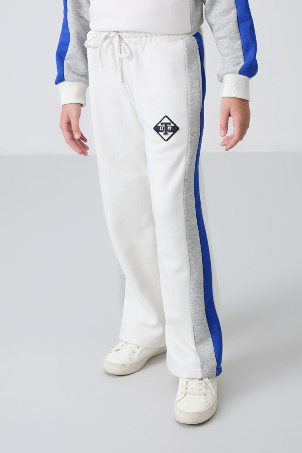 Kız Çocuk Ekru Renk Pamuklu Mavi Şeritli Eşofman Takımı