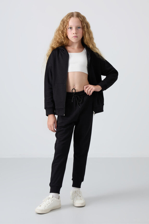 Siyah Kapüşonlu Kız Çocuk Eşofman Takımı