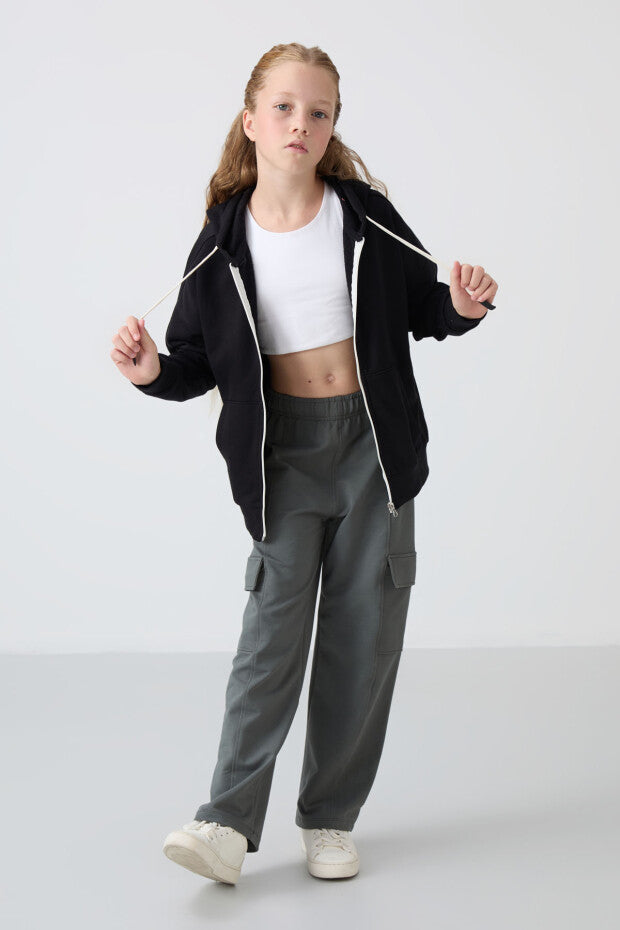 Tam boy Fermuarlı Kız Çocuk Sweatshirt Siyah