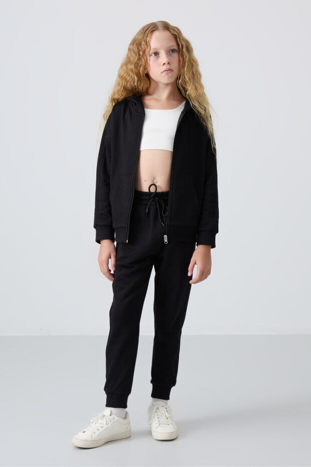 Siyah Kapüşonlu Kız Çocuk Eşofman Takımı