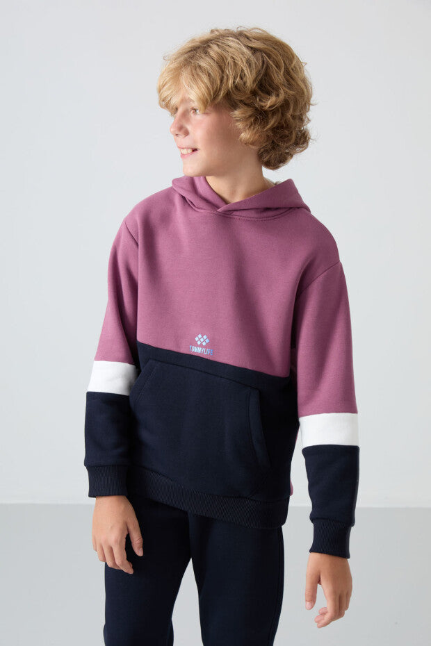 Gül Kurusu  Lacivert Kapüşonlu Ekru Geçişli Eşofman Takımı