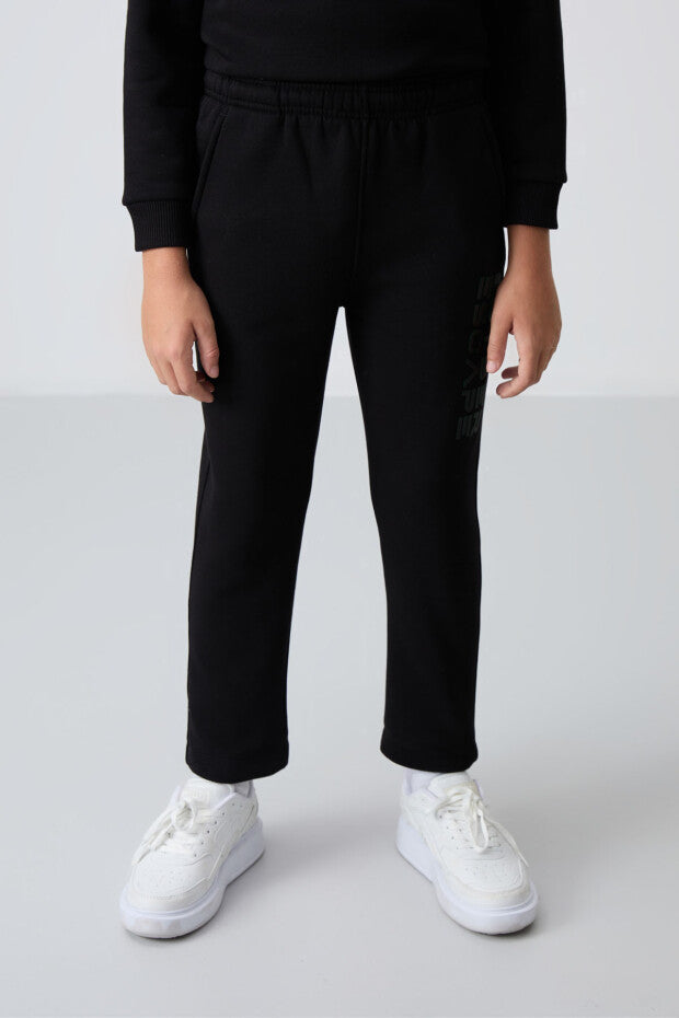 Siyah Düz Paça Pamuklu Eşofman Takımı