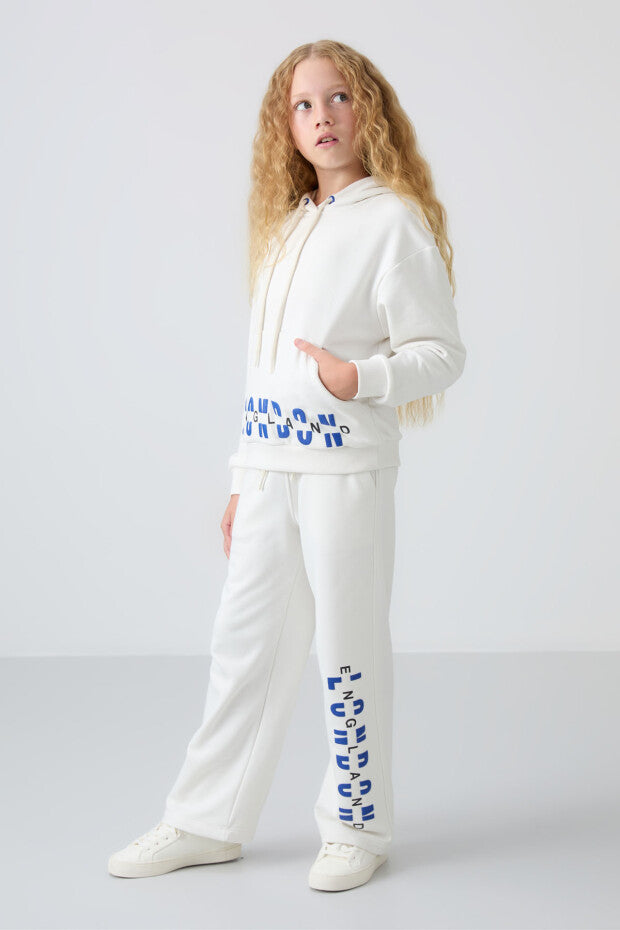 Ekru Kapüşonlu Kız Çocuk Eşofman Takımı