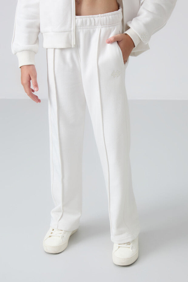 Tam Boy Fermuarlı Ekru Kız Çocuk Eşofman Takımı