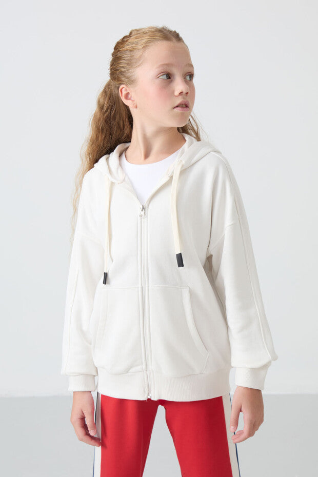 Ekru Kapüşonlu Tam Boy Fermuarlı Sweatshirt