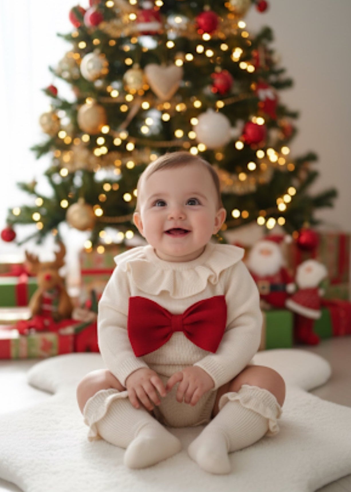 %100 Pamuk Krem Triko Kurdele Detaylı Bebek Romper & Çorap Seti | Yılbaşı Kıyafeti