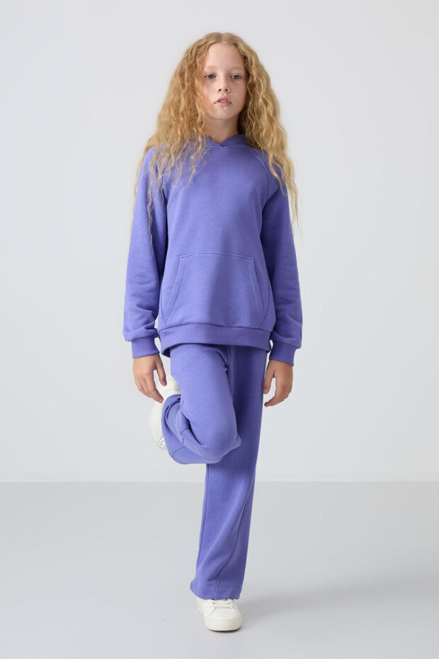 İçi Pamuklu Kapüşonlu Mor Kız Çocuk Eşofman Takımı