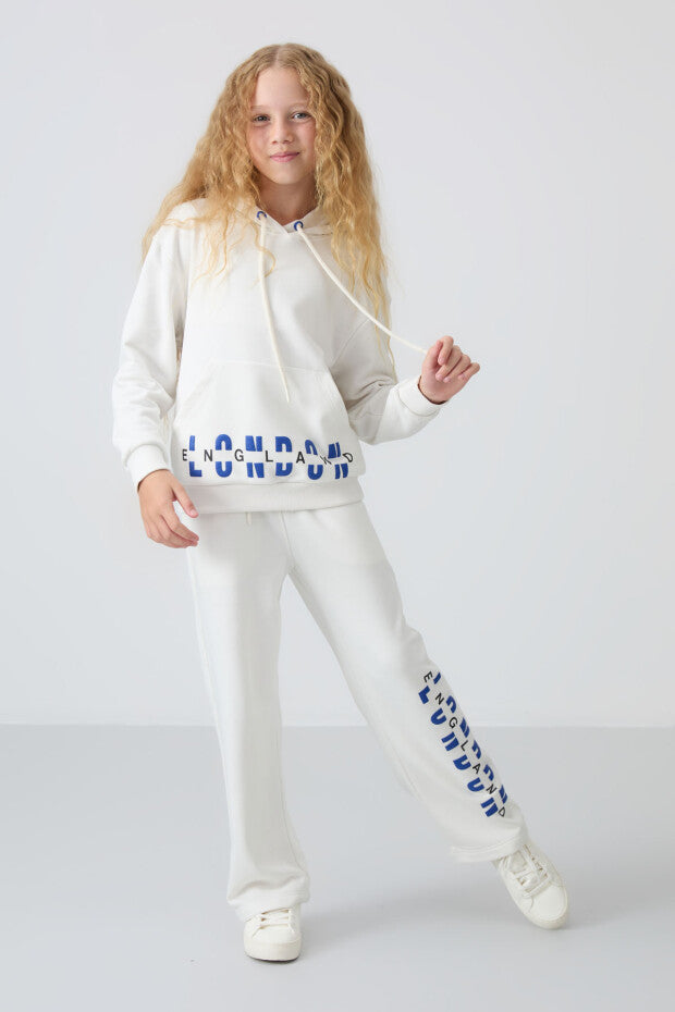 Ekru Kapüşonlu Kız Çocuk Eşofman Takımı