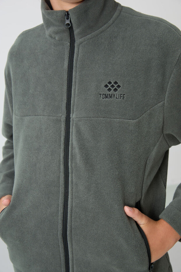 Haki Dik Yaka Polar Çocuk Sweatshirt