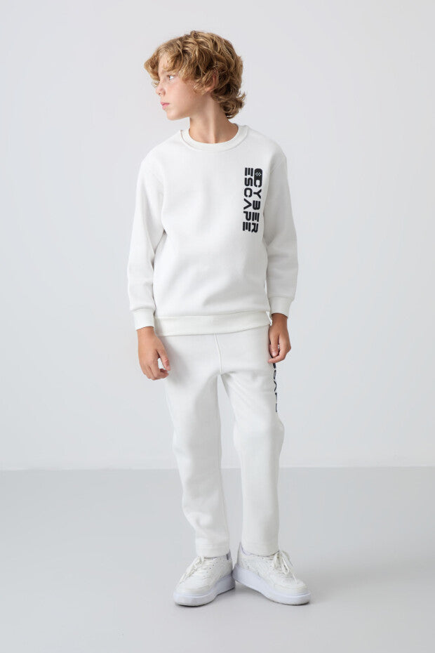 Düz Paça içi Pamuklu Eşofman Takımı Ekru