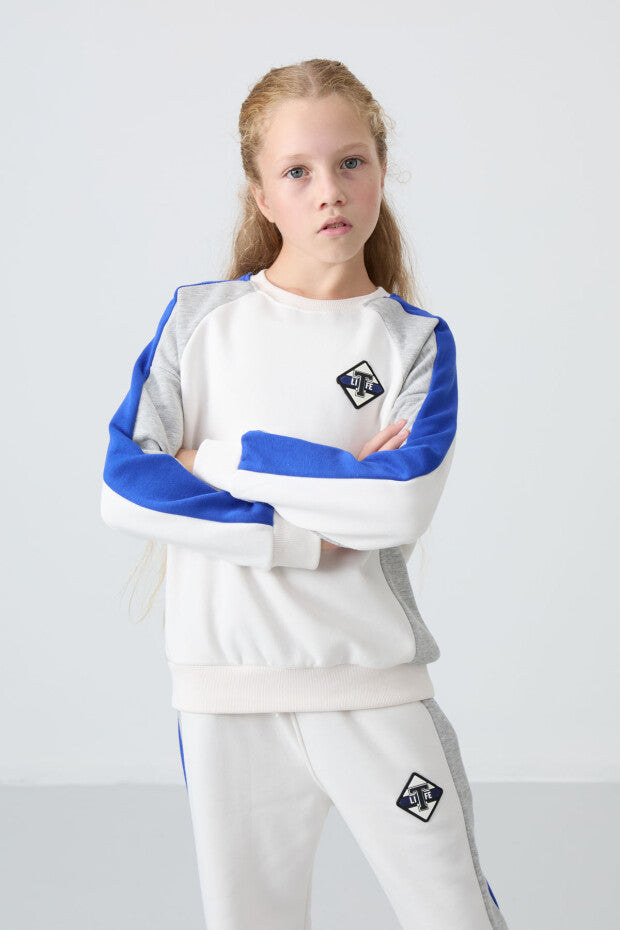 Kız Çocuk Ekru Renk Pamuklu Mavi Şeritli Eşofman Takımı