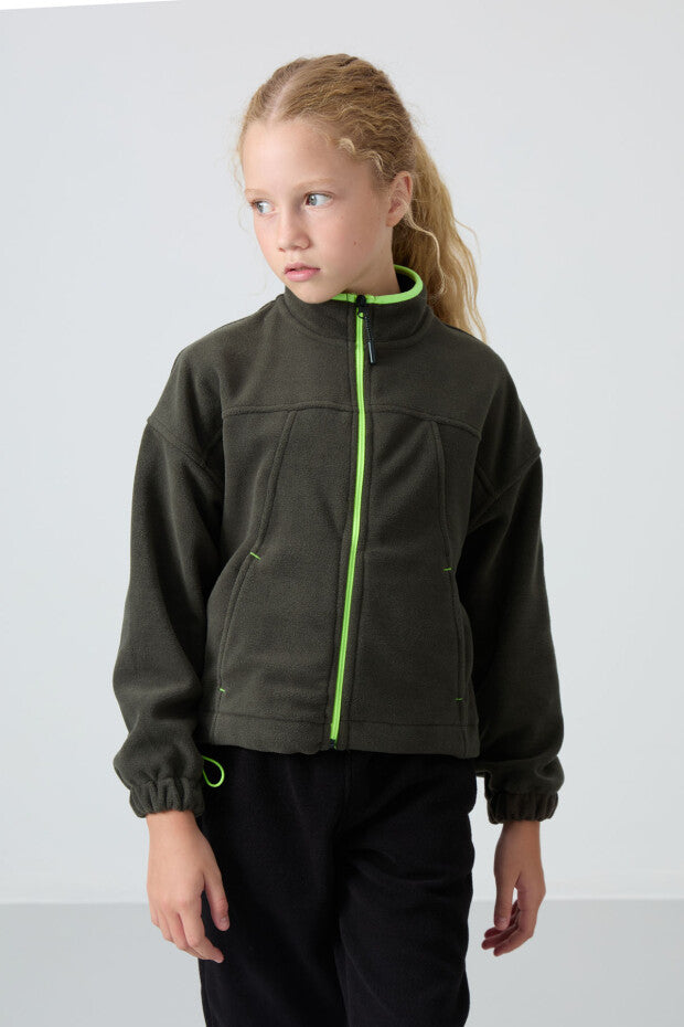 Haki Renk Fermuarlı Kız Çocuk Sweatshirt