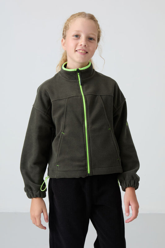 Haki Renk Fermuarlı Kız Çocuk Sweatshirt