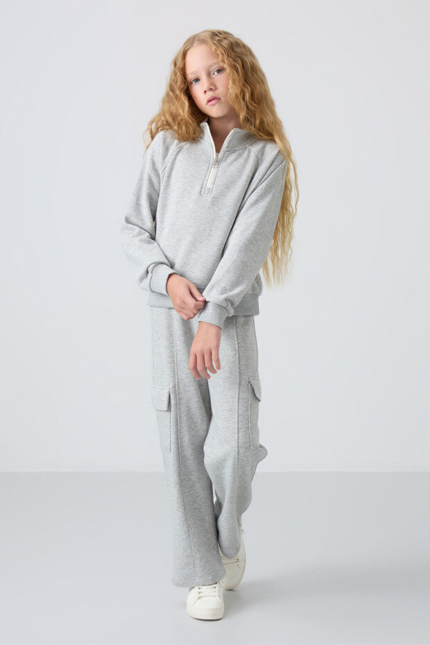 Gri Pamuklu Kız Çocuk Eşofman Takımı