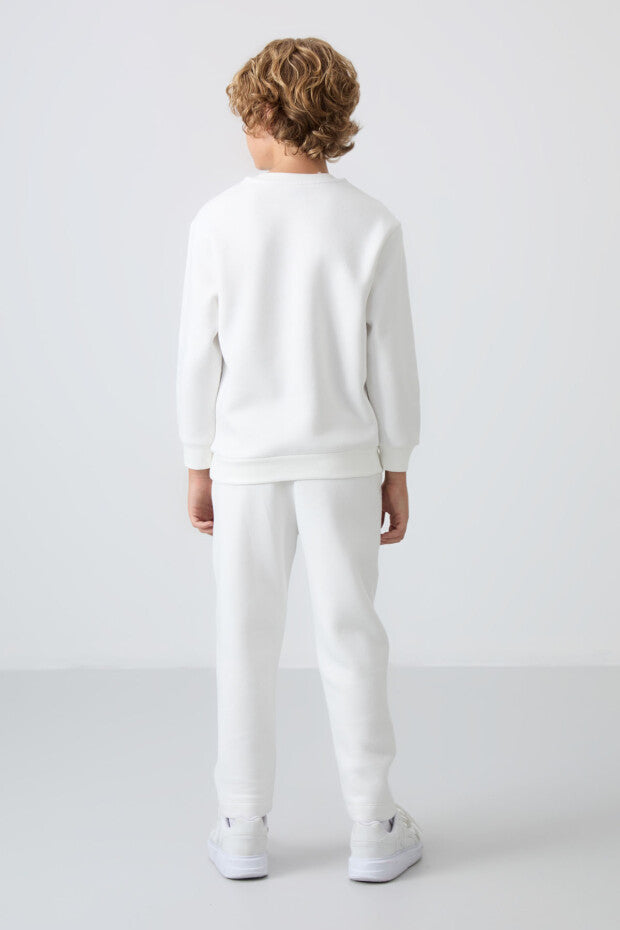 Düz Paça içi Pamuklu Eşofman Takımı Ekru