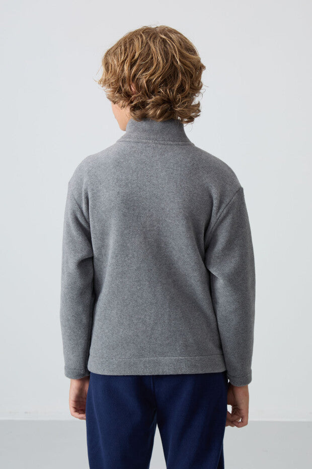 Gri Dik Yaka Erkek Çocuk Polar Sweatshirt