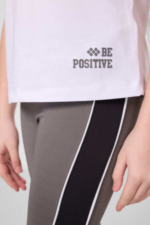 Kız Çocuk Beyaz Spor Tshirt Gri Şeritli Tayt Takımı