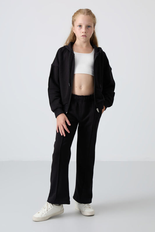 Tam Boy Fermuarlı Kapüşonlu Kız Çocuk Eşofman Takımı Siyah