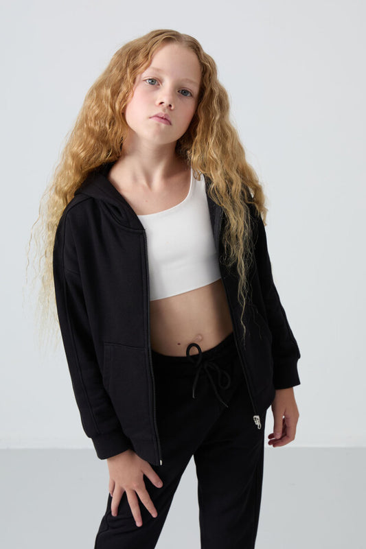 Siyah Kapüşonlu Kız Çocuk Eşofman Takımı